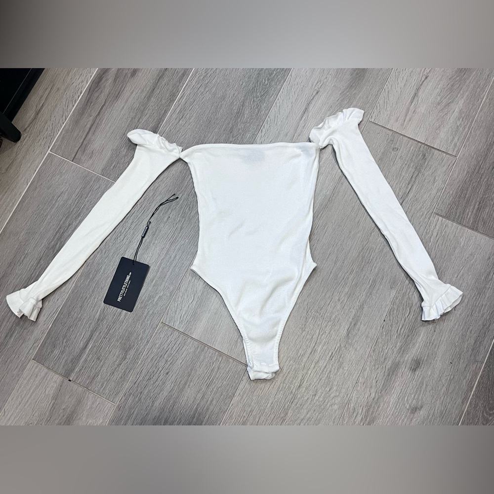 PrettyLittleThing Jersey Rib Knit Frill Sleeve White Bodysuit - Size 2